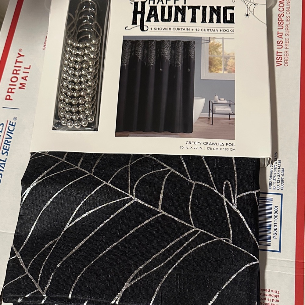 Halloween Silver Spider Web Shower Curtain with Hooks